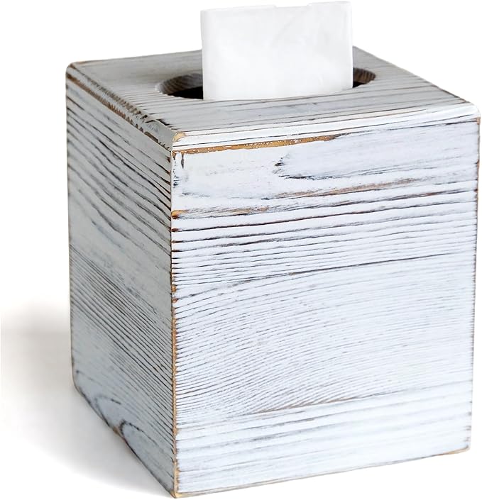 Wood Tissue Box Cover Square, Rustic White Tissue Box Cover, Decorative Cube Facial Wooden Tissue Box Holder with Slide-Out Bottom for Bathroom, Bedroom, Dinner Table, Office, Kitchen