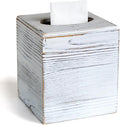 Wood Tissue Box Cover Square, Rustic White Tissue Box Cover, Decorative Cube Facial Wooden Tissue Box Holder with Slide-Out Bottom for Bathroom, Bedroom, Dinner Table, Office, Kitchen