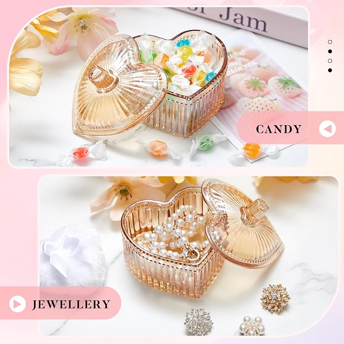Tioncy 3 Pcs Large Body Powder Puff and Container Valentine's Day gift Powder Container with Puff Crystal Case Soft Washable Reusable Velour Face Body Glitter Wet Dry Makeup(Hammered Heart,Amber)