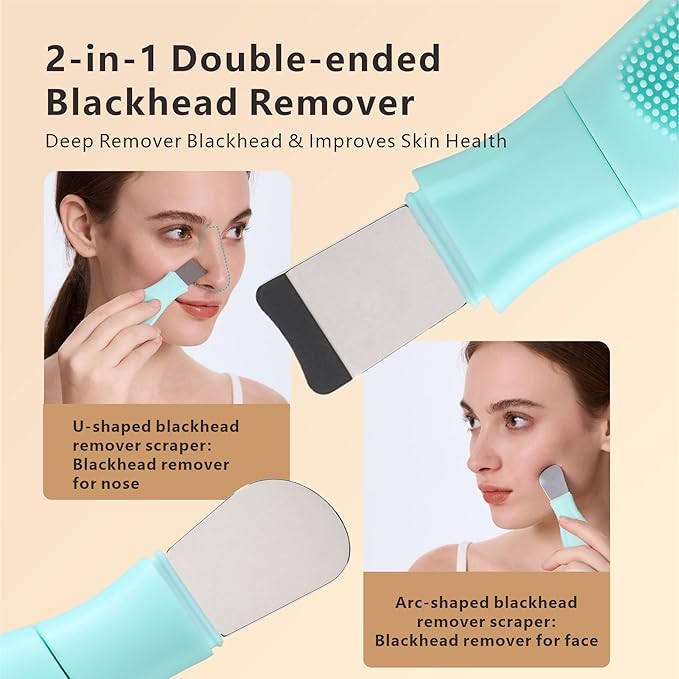 Face Washing Brushes,Blackhead Removal Tools,3Pcs Pore Cleaning Brush, Skin Scrubber Face Spatula,Double-Headed Blackhead Extractor Pimple Extractor,Face Scraper for Deep Cleansing (Green)