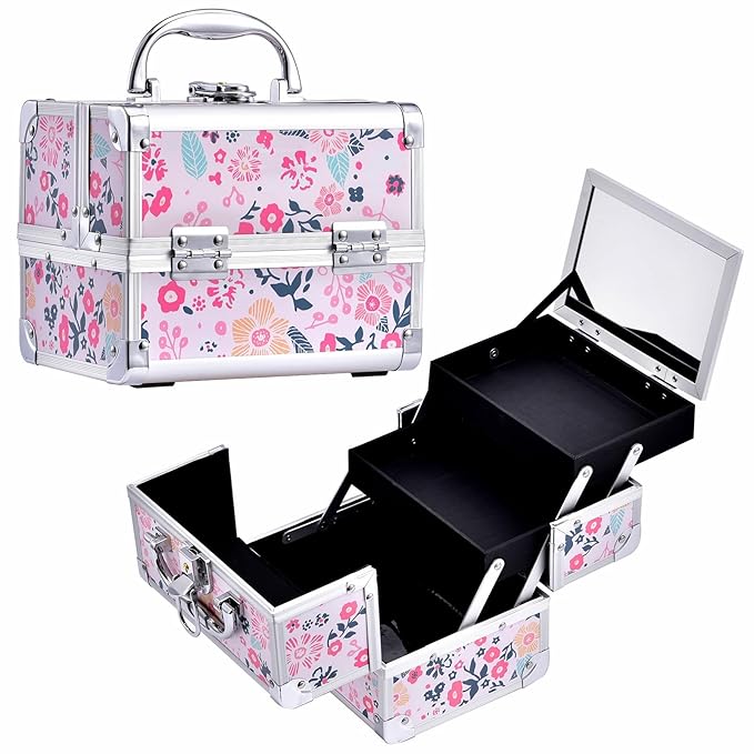 Joligrace Makeup Case for Girls Cosmetic Train Case Makeup Storage Box Jewelry Organizer Hair Accessories Lockable with Trays & Mirror Floral