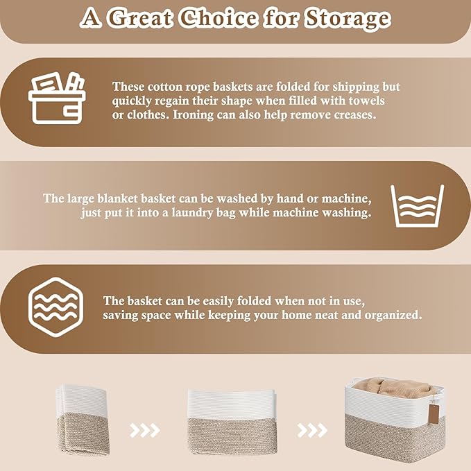 Goodpick Woven Storage Baskets for Organizing, Blanket Basket Living Room, Rope Baskets for Storage, Rectangle Toy Basket With Handles, Brown and White, 18 x 14 x 12 Inches