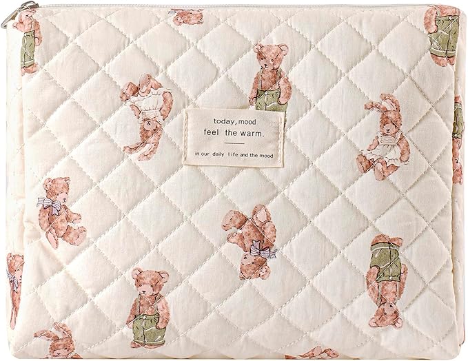 uekeboag Quilted Cotton Makeup Bag,Coquette Quilted Toiletry Bag for Women and Girls,Floral Coquette Pouch,Cute Kawaii Travel Cosmetic Bags(White Bear)