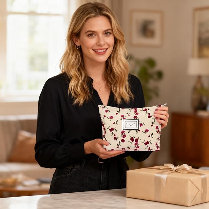 1pcs Floral Makeup Bag for Women Travel Cosmetic Pouch Toiletry Organizer for Skincare Brushes and Daily Essentials 8.27x7.28x1.97 inch(Flower-1, Beige)