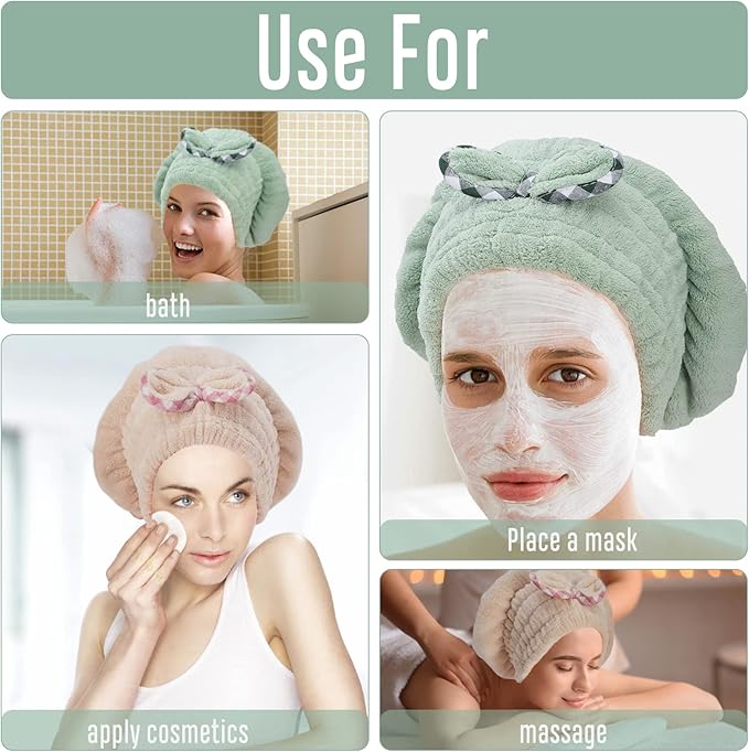 2Pcs Microfiber Hair Drying Cap,Hair Towel Cap,Fast Coral Velvet Hair Drying Towel with Bow-Knot,Quick Dry Fast Drying Hair Caps for Women,Soft Absorbent Cap for Wet Hair Long Thick Hair(Khaki+Green)