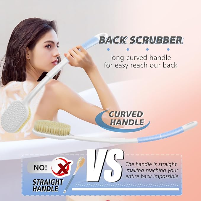 Portable Shower Brush,Long Curved Foldable Handle with Soft and Stiff Bristles,Back Scrubber Bath Brush Removable Body Exfoliator for Wet or Dry Brushing