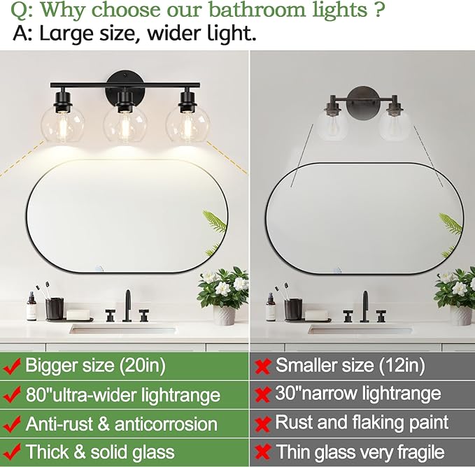 3-Light Bathroom Light Fixtures, Black Bathroom Lights Over Mirror with Clear Glass Globe Shade, Vanity Lights for Bathroom Kitchen Living Room Hallway Cabinet Bedroom Porch.