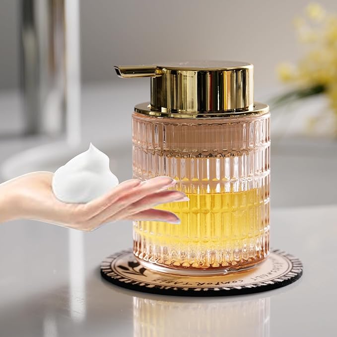 Refillable Glass Foam Soap or Lotion Dispenser for Kitchen and Bathroom with Large Gold Pump (Striped Pattern-Pink)