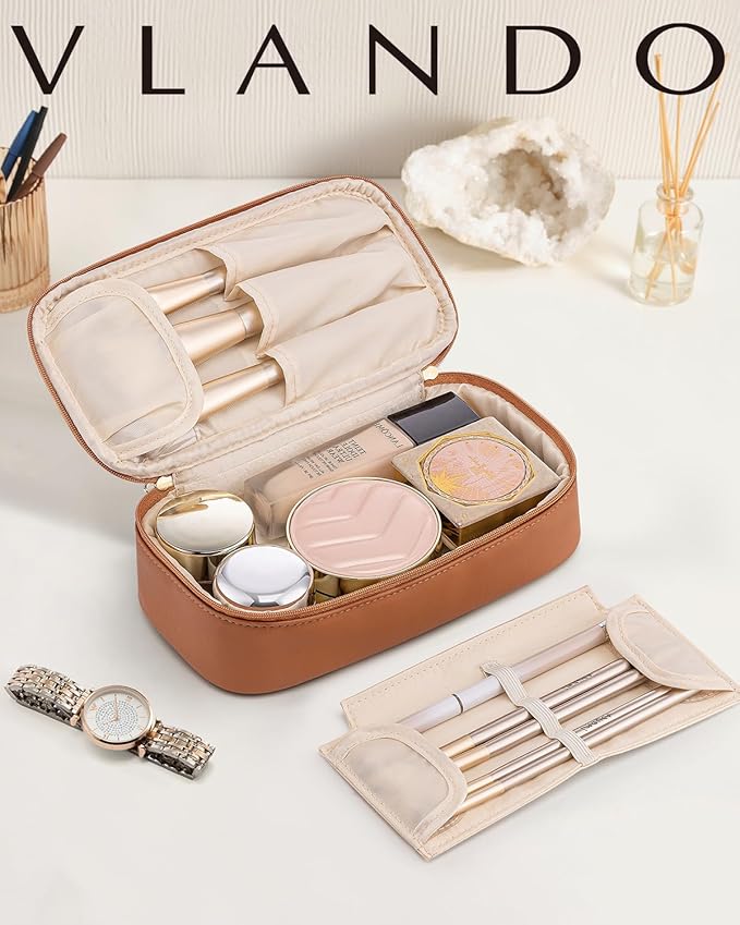 Vlando Travel Makeup Bag,Small Makeup Bag for Women,Gifts for Women Girls, Makeup Pouch Purse Travel Essentials Toiletries-Brown