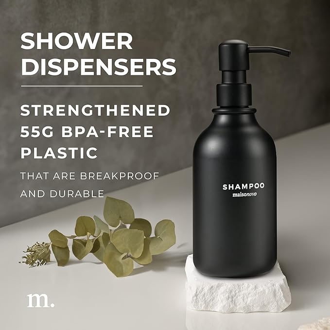 MaisoNovo Refillable Shampoo and Conditioner Bottles - 16.9 fl oz Set of 3 Black Plastic Bottles Black Plastic Pumps