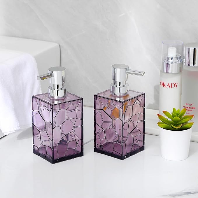 Hand Soap Dispenser, Clear Acrylic Plastic Liquid Pump Bottles Refillable Lotion Dispenser for Bathroom Decor Kitchen College Dorm, Purple 2 Pack