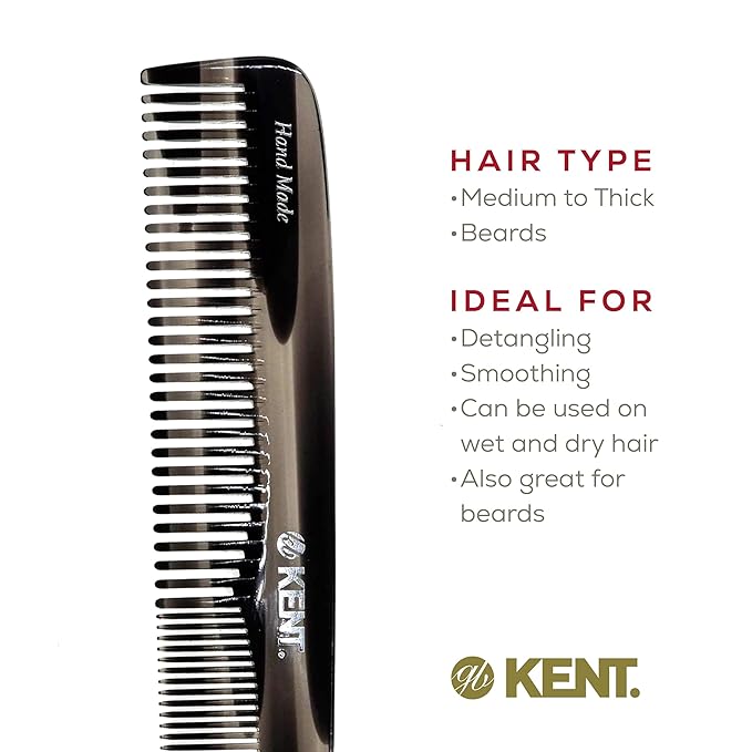 Kent 9T Black Graphite Fine Tooth and Wide Tooth Comb Detangler Hair Combs - Large Handmade and Saw-Cut Dressing Combs - Wet Hair Comb for Women and Durable Grooming for Men Made in England