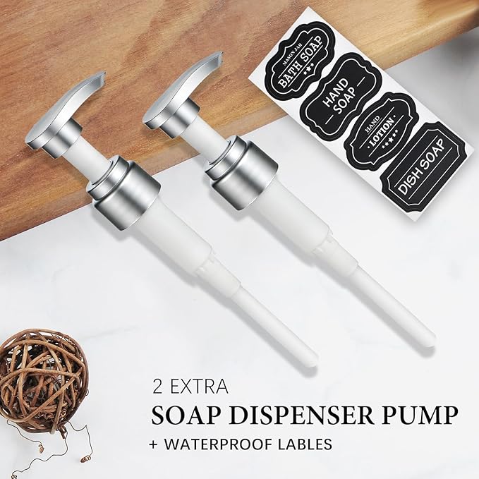 Amolliar Plastic Mason Jar Soap Dispenser with Pump Lid,16OZ Refillable BPA-Free Hand Soap Dispenser Set with Cute Lables, Farmhouse Decor for Kitchen Bathroom, Liquid Soap, Dish Soap (2 Pack, Silver)
