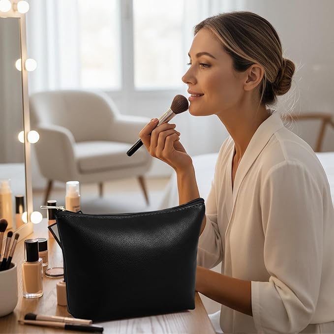 Kigeli PU Leather Makeup Bag for Women Gift Cosmetic Pouch for Purse Waterproof with PU Leather Travel Toiletry Organizer with Zipper for Women Bridesmaid Friend Gift(Black)