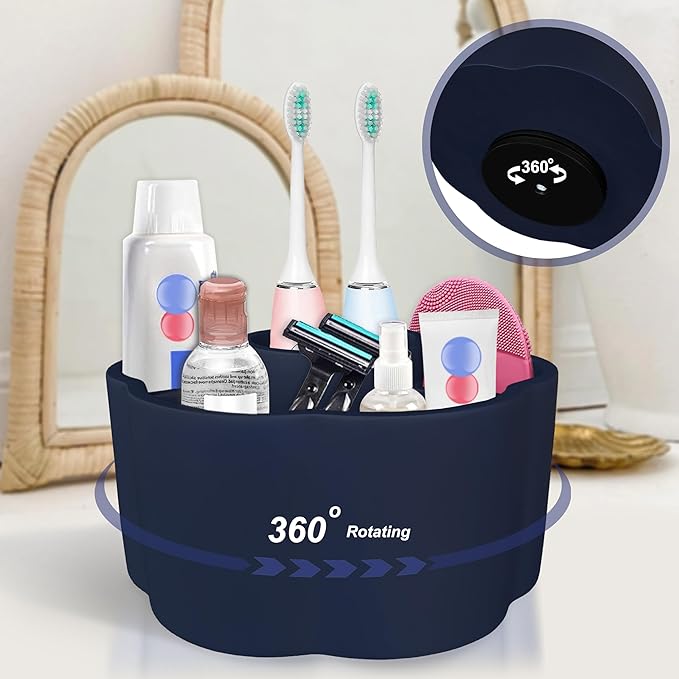 360° Rotate Makeup Brush Holder, 4 Slot Spin Beauty Tools Organizer, Brush Countertop Display Case, Desktop Storage, Bathroom Vanity Holder, Resin with Navy Blue Rubber Paint.