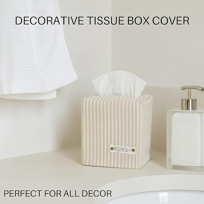 Stylish Tissue Box Cover - This Beige Striped Linen Holder Instantly Covers Your Square Tissue Boxes - The Perfect Cube Cover for Your Bathroom and Home