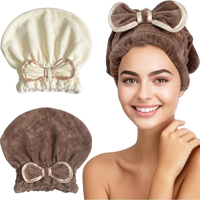 Jseng Microfiber Hair Towel Caps for Women with Cute Bowtie, 2Packs Fast Drying Hair Towel Caps for Curly Long Wet Hair Anti Frizz