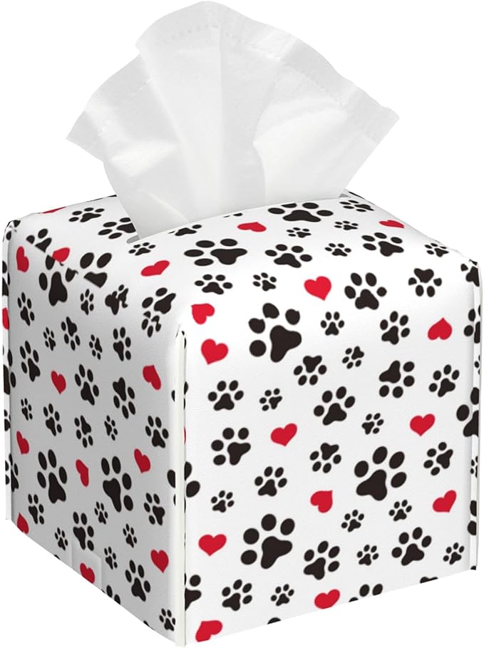 Dog Paw Cat Paw Heart Love Tissue Box Cover Square, Animal Puppy Footprints Tissue Box Holder Waterproof Leather Facial Paper Organizer Dispenser for Bathroom Home Car Nightstand Vanity Desk