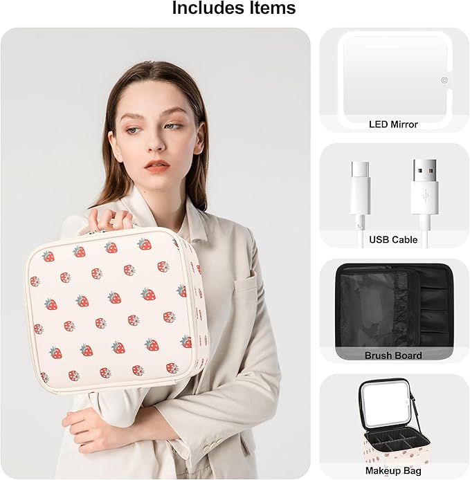 Relavel Travel Makeup Bag with LED Mirror, Portable Cosmetic Train Case with 3 Color Lighted Brightness Mirror, Makeup Artist Organizer Storage with Adjustable Dividers Make Up Box - White Strawberry