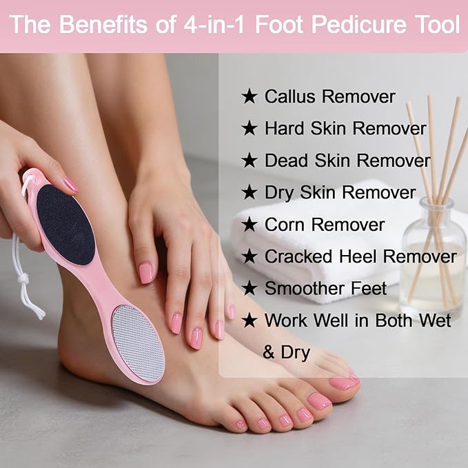 4-in-1 Nano Glass Foot Callus Remover, Professional Foot File (Glass, Rasp & Sand Paper), Durable Foot Scrubber Pedicure Tools for Hard Dead Skin Remover, Soft Smooth Feet, 2 Pcs Pink Purple