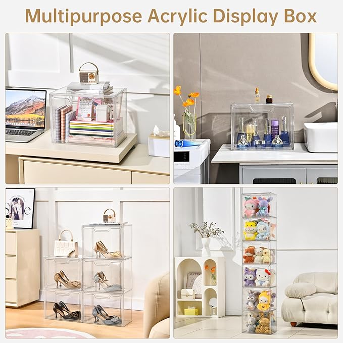 Purse Organizer for Closet,Clear Acrylic Display Case for Handbag Organizer, Purse Storage Box with Magnetic Door, Plastic Storage Bins for Book, Collectibles, Cosmetic (3 Pack)