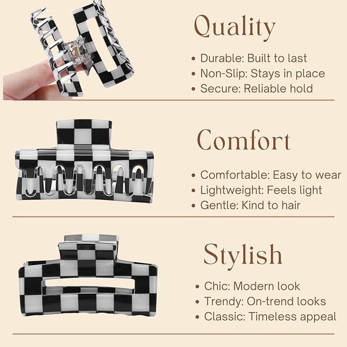 LuSeren 4 Pack 3 Inch colorful Hair Claw Clips for Women, Medium Rectangle Acetate Jaw Clips in Black, Pink,Green, Blue, Stylish Checkered Hair Accessories for Girls