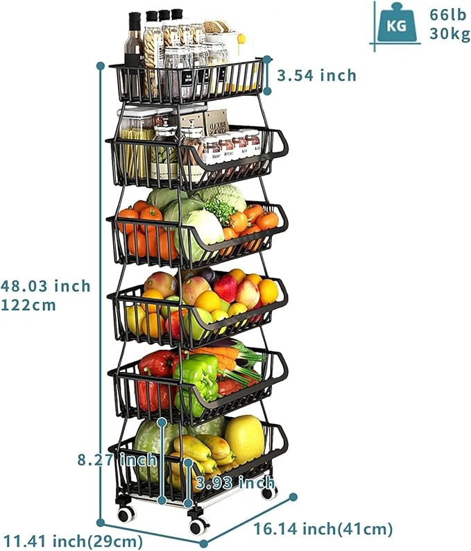 Metal Wire Baskets with Wheels, Stackable Storage Bins Kitchen Organizer Shelf 3-4-5-6 Tier Fruit Vegetable Cart Dishes Seasonal Rack Shelves for Garage, Pantry, Bathroom
