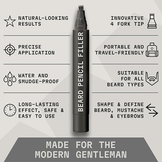 Striking Viking Beard Filler Pencil - Pack of 2, Medium Black, 4-Tip - Gap Contouring with Beard Shaper - Sweatproof Waterproof Touch-Ups with Barber Brush - Comb for Men & Mustache Brush Kit