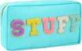 SOIDRAM Preppy Makeup Bag Nylon Cosmetic Bag Blue Stuff Makeup Pouch for Women Travel Toiletry Bag Organizer Cute Makeup Brushes Storage Bag with Chenille Letter Patches