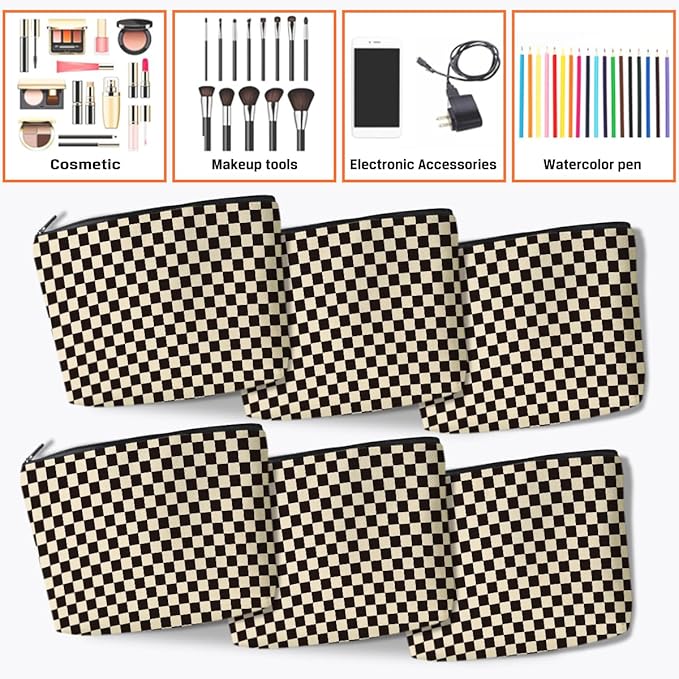 6 Pcs Checkered Makeup Bags Make up Bag Cosmetic Bags for Women Girls Sister Grandma Best Friend Easter Christmas Birthday Travel Toiletry Bag Aesthetic Zipper Organizer Accessories, Cute Black Plaid