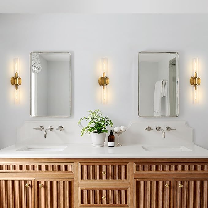 Wall Sconces Set of Two Brushed Brass Gold Sconces Lighting with Clear Glass Wall Lamp Modern Wall Sconce Light Fixtures Sconces Decor Set of scones Lights Set of 2