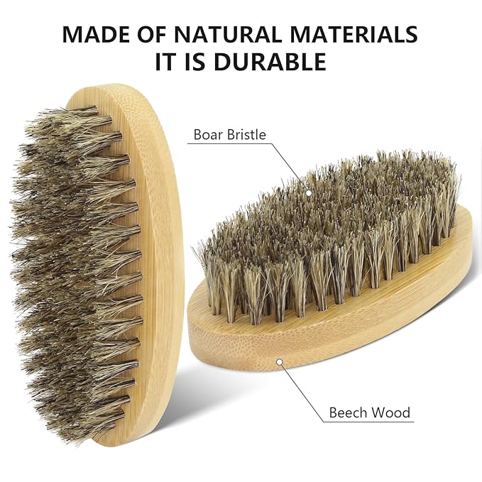 Beard Brush Beard Comb Set for Men, 5 in 1 Facial Hair Grooming Kit with Natural Boar Bristle Beard Brush, Wood Beard Comb, Silicone Soft Cleaning Brush and Mustache Scissors