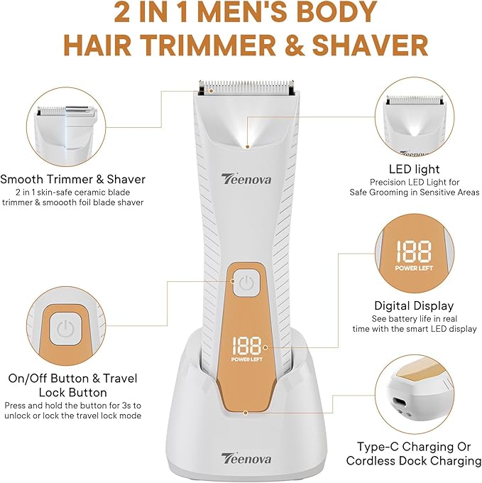 Pubic & Body Hair Trimmer for Men, 2 In 1 Electric Ball Groin Razor Shaver with Ceramic Blade, No Nick Mens Grooming Kits for Wet/Dry Use, Cordless Charging Body Groomer with Led Display,White