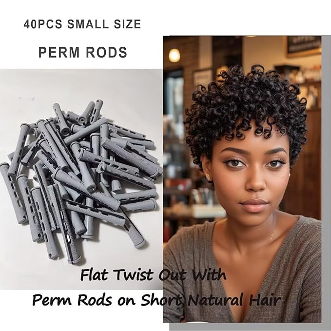 Perm Rods Set for Short Natural Hair 40Pcs Gray Plastic Cold Wave Rods Hair Curling Rollers Small Size 0.59 Inch For DIY Hairdressing Styling