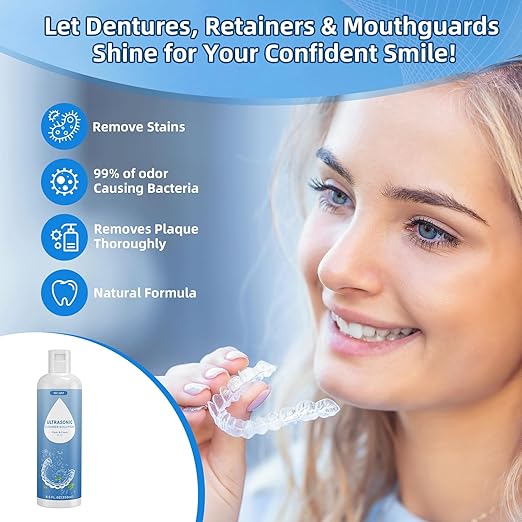 BCOM Ultrasonic Retainer Cleaner Solution, Jewelry Cleaner Solution Deep Clean for Retainer, Mouthguards, Night Guards, Aligners and Jewelry Ring, Odor Stain Remover for Ultrasonic Machines (8.5 oz)