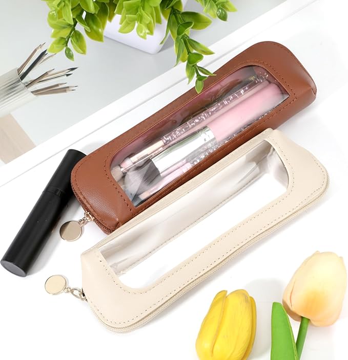2Pcs Clear Makeup Brush Bag, Leather Slim Makeup Case, Portable Transparent Waterproof Cosmetic Pouch with Zipper, Double Sided Clear Bag for Women Travel Storage (White, Brown)