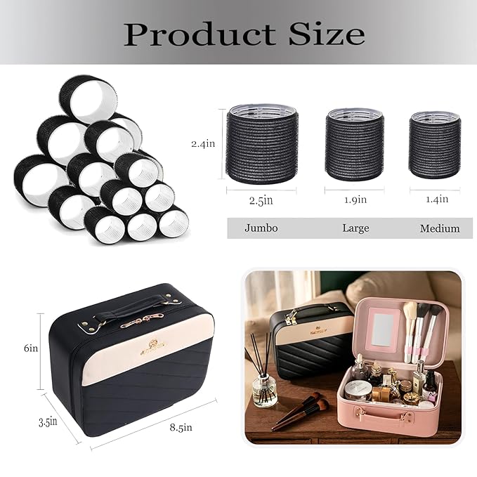 Hair Roller Set,Velcrorollers for Hair,Self Grip Hair Rollers, Salon Hairdressing Curlers, DIY Hair Styles, 3 Sizes Jumbo Large Medium 18pcs Rollers with Makeup Case,Clips & Comb Heatless Curlers