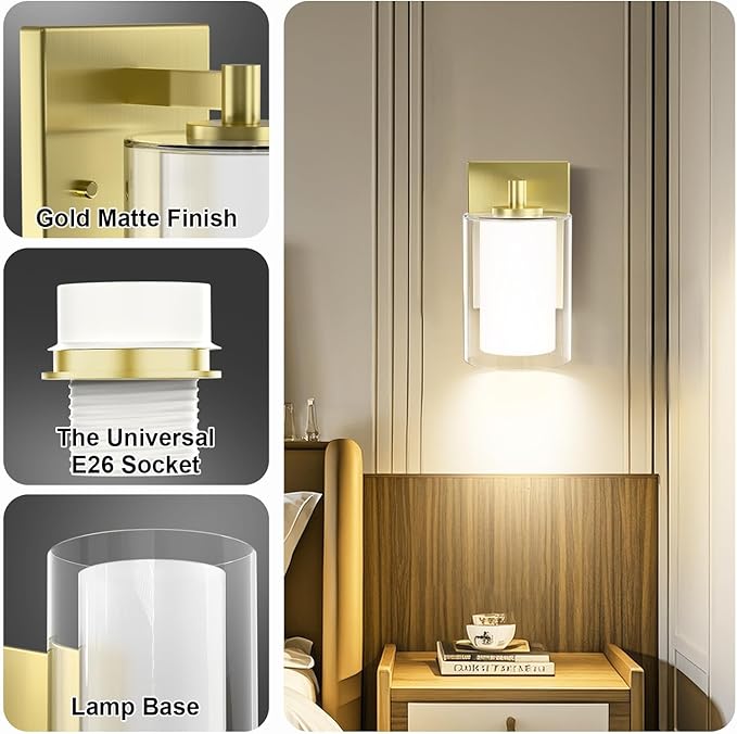 Wall Sconces Set of Two: Bathroom Sconce of 2, Gold Vanity Fixtures with Double Clear Glass Shade, E26 Base Hardwired Farmhouse Wall Lights for Bedroom Living Room Bathroom (Bulb not Included)