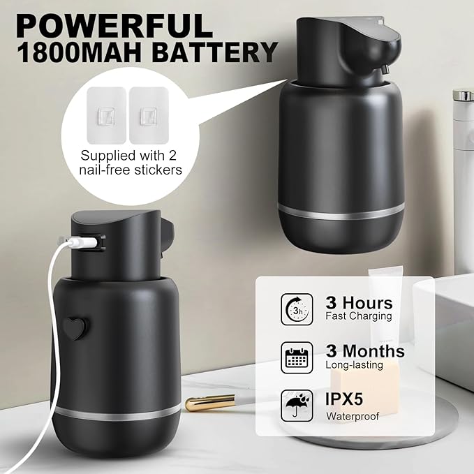Automatic Foaming Soap Dispenser 15oz/420ml Foaming Hand Sanitizer Touchless Wall Mount with 4levels Adjustable Free Touch Electric Soap Dispenser Rechargeable with Sensor(Black)