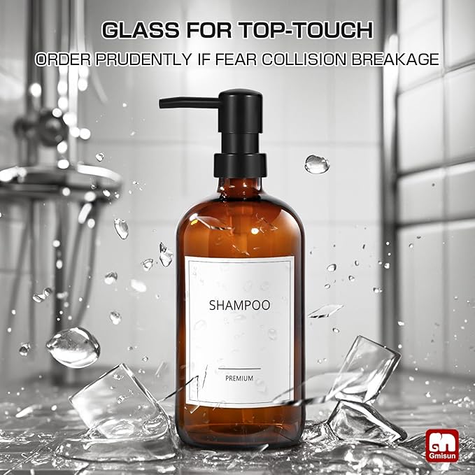 GMISUN Glass Shampoo and Conditioner Dispenser, Shower Soap Dispenser Bottles with Labels, Refillable Shampoo Conditioner Body Wash Dispensers, Amber Glass Soap Pump Dispenser Set for Bathroom Shower
