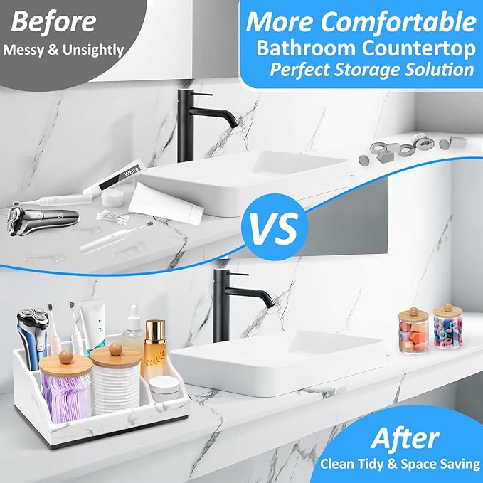 Bathroom Counter Organizer, White Marble Toothbrush Holders for Bathrooms with 2PCS Qtip Holder, Bathroom Organizer Countertop Toothbrush and Toothpaste Holder for Makeup Organizer for Vanity
