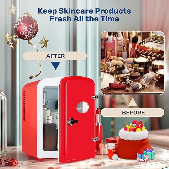 HealSmart 4L Mini Fridge with Observation Window, 6 Can Capacity, Freon-Free and Portable Cooler and Warmer, Cosmetics/Food/Beverage, Red New