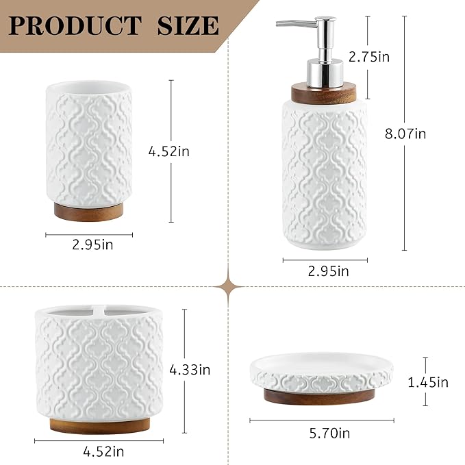 Elegant Bathroom Accessories Set 4 PCS Ceramic and Wood Bathroom Accessory Set Soap Dispenser Toothbrush Holder Tumbler Soap Dish Easy to Clean Quatrefoil Pattern White