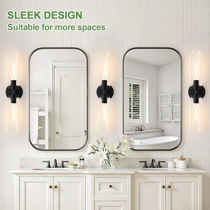 Matte Black Wall Sconces, Bathroom Sconces Wall Lighting with Clear Glass, Modern Sconces Wall Light fixtures for Bathroom Mirror Living Room Hallway Bedroom