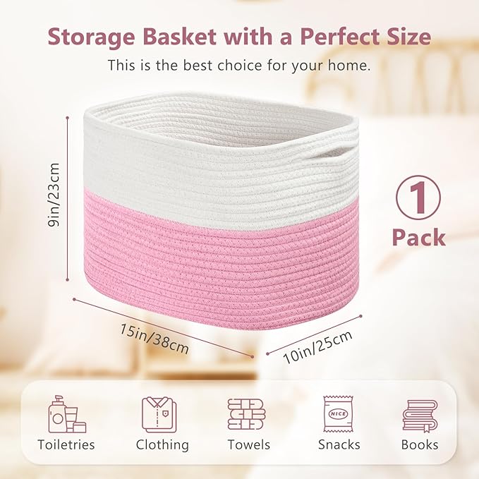 Cotton Rope Shelf Storage Basket, 15x10x9 in, Shelf Storage Baskets for Clothes, Towels, Books, Laundry (White/Pink, 1 Pack)