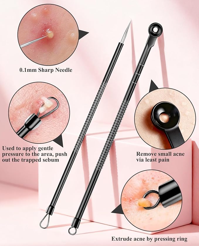 5PCS Blackhead Remover Pimple Popper Tool Kit, Professional Stainless Pimple Acne Blemish Removal Tools Kit for Face (Black)