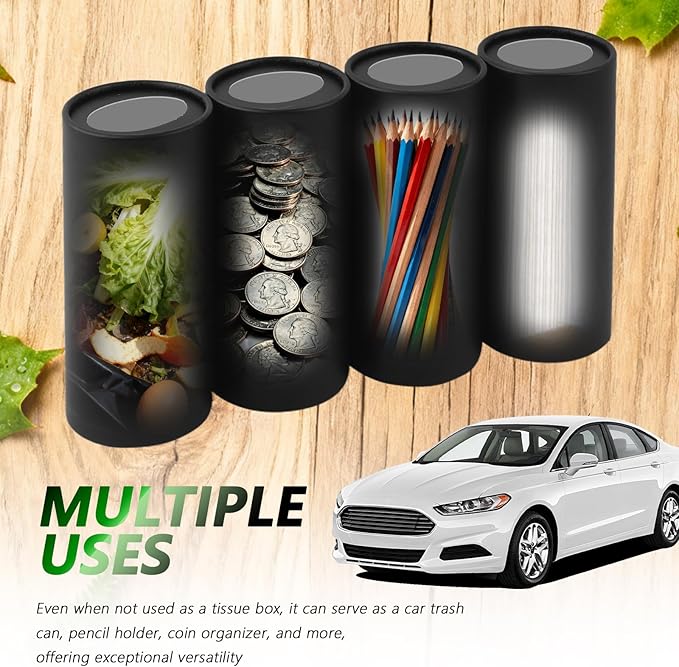 4PCS Car Tissue Holder,Pull Out Minimalist Car Tissues Cylinder with 30-Count Facial Tissue Per Box,Portable Cup Holder Tissues for Cars as Cars Trash Can/Coin Holders (Black)