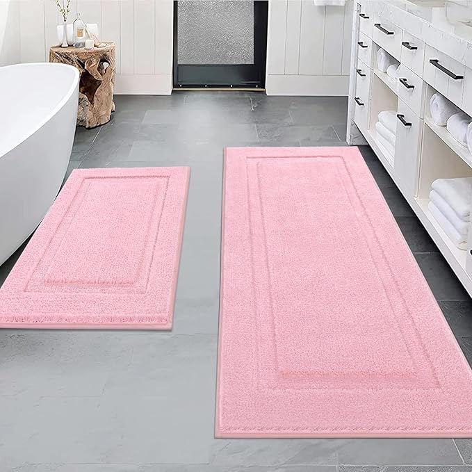 SHACOS Pink Bathroom Rugs Sets 2 Piece 47x20 + 32x20 inch, Non Slip Bath Mat Microfiber Washable Bathroom Rugs, Soft Fluffy Water Absorbent Bath Mats