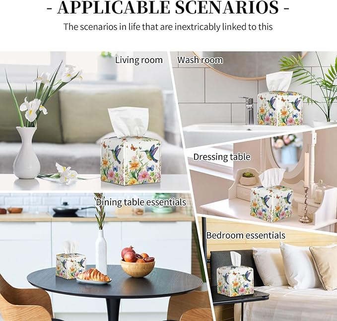 Spring Floral Hummingbird Tissue Box Cover Wild Flowers Florals Butterfly Square Leather Tissue Holder Decorative Facial Tissue Cube Paper Cover Case Organizer for Bathroom Night Stands Desk Home