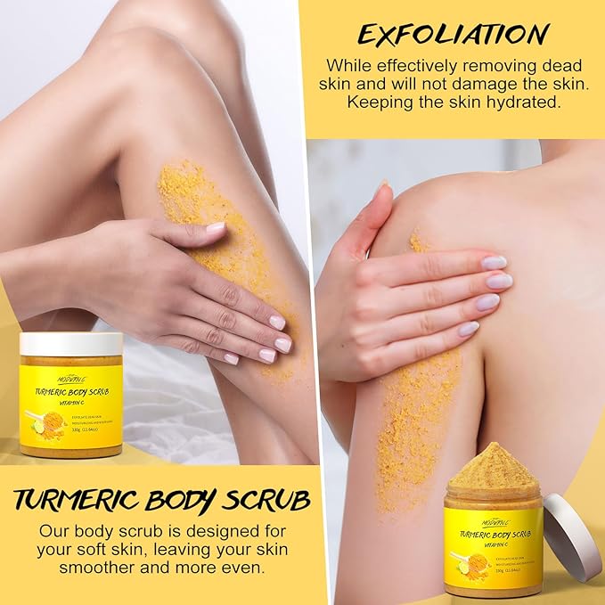 POP MODERN.C Turmeric and Vitamin C Body Scrub Remove Dead Skin Improve Dark Spots Acne Natural Organic Exfoliating Deep Cleansing Exfoliator for Body Butt Bikini Area Body Care with Loofah